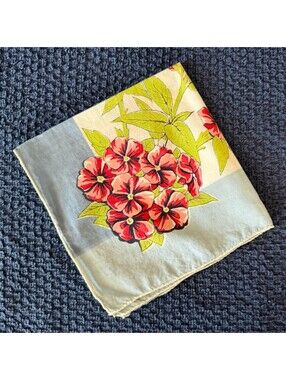 White Handkerchief Red Floral Print Blue Border